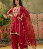 embroidered round neck straight kurta & palazzos with dupatta