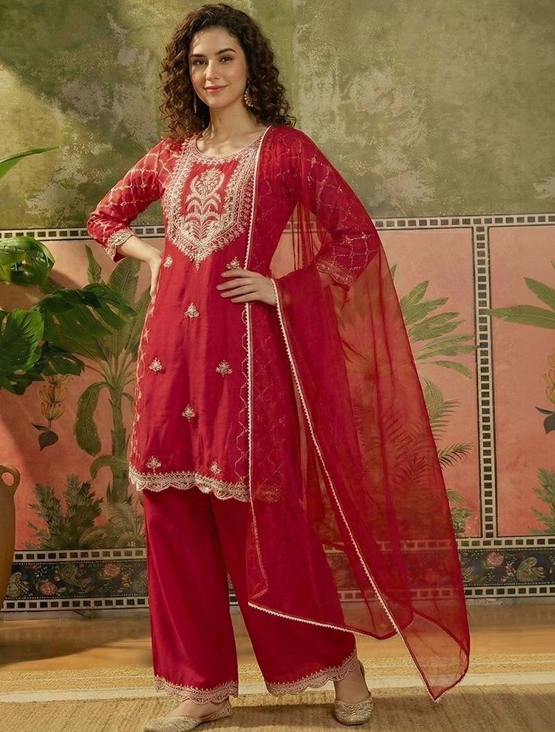 embroidered round neck straight kurta & palazzos with dupatta