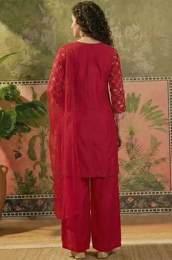 embroidered round neck straight kurta & palazzos with dupatta