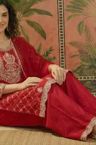 embroidered round neck straight kurta & palazzos with dupatta