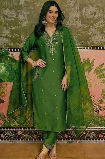 embroidered v-neck kurta & trousers kurta set