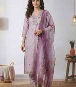 embroidered round neck kurta trousers & dupatta