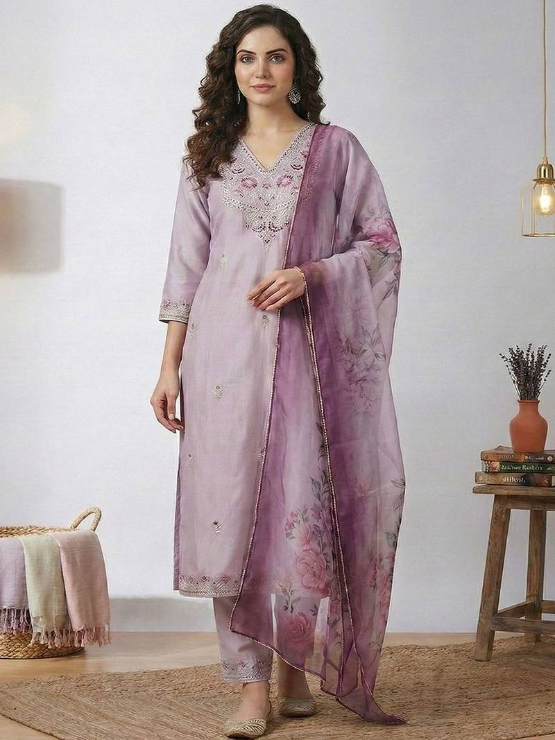 embroidered round neck kurta trousers & dupatta