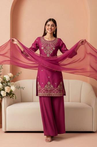 zari sequence cording embroidered kurta with palazzo & dupatta