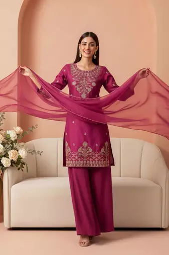 zari sequence cording embroidered kurta with palazzo & dupatta