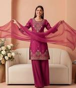 zari sequence cording embroidered kurta with palazzo & dupatta