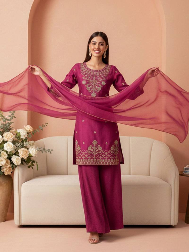 zari sequence cording embroidered kurta with palazzo & dupatta