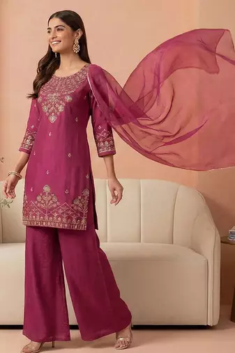 zari sequence cording embroidered kurta with palazzo & dupatta