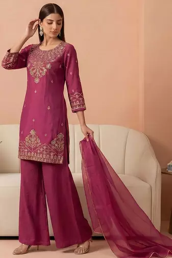 zari sequence cording embroidered kurta with palazzo & dupatta