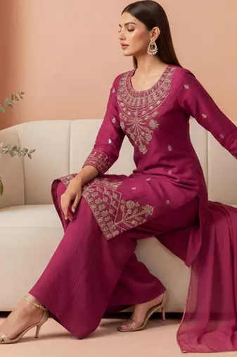 zari sequence cording embroidered kurta with palazzo & dupatta