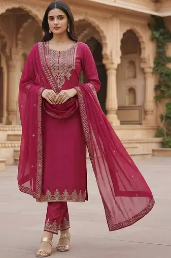 embroidered georgette round neck kurta trousers & dupatta