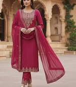 embroidered georgette round neck kurta trousers & dupatta