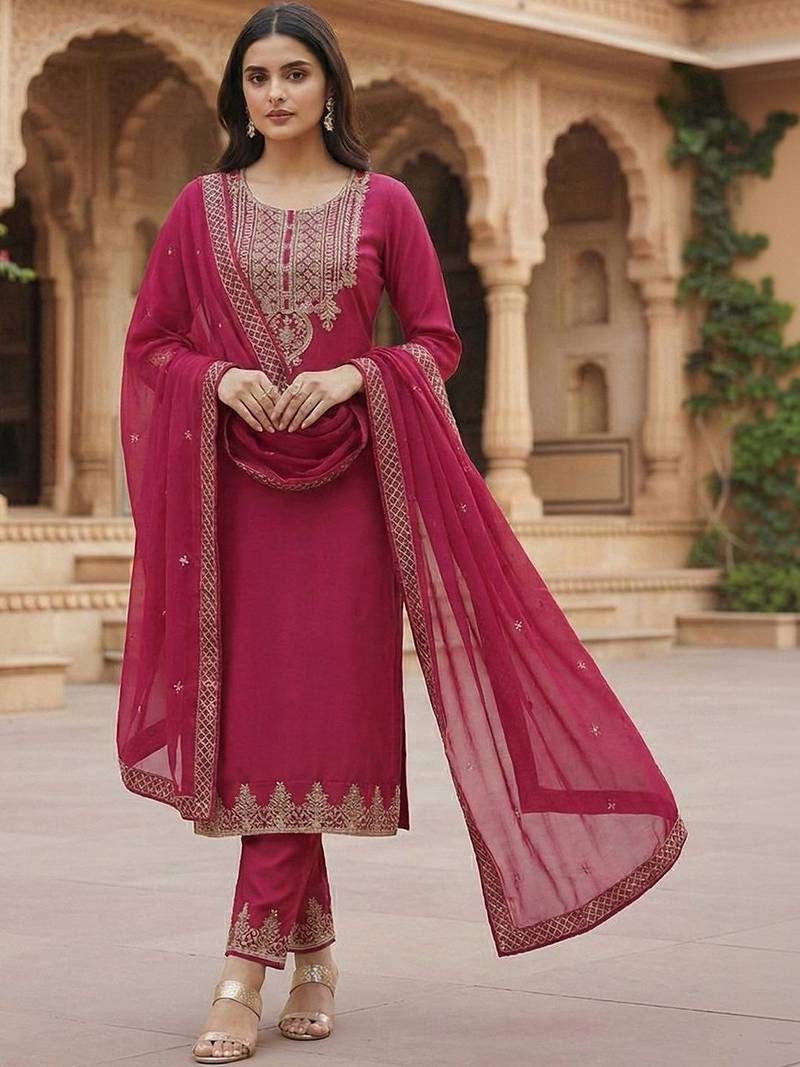 embroidered georgette round neck kurta trousers & dupatta