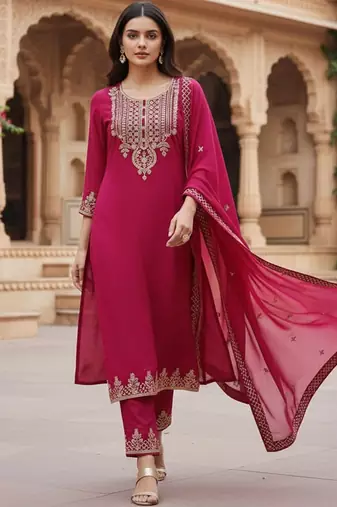 embroidered georgette round neck kurta trousers & dupatta