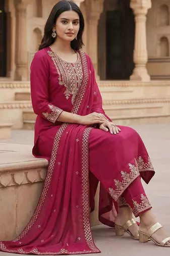embroidered georgette round neck kurta trousers & dupatta