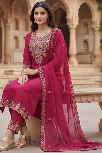 embroidered georgette round neck kurta trousers & dupatta