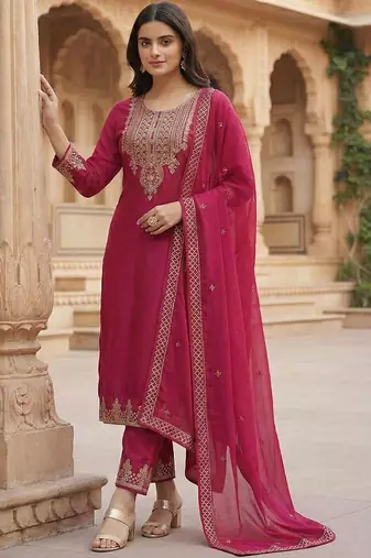 embroidered georgette round neck kurta trousers & dupatta