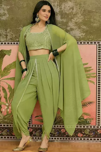 embroidered square neck top shrug & dhoti co-ords