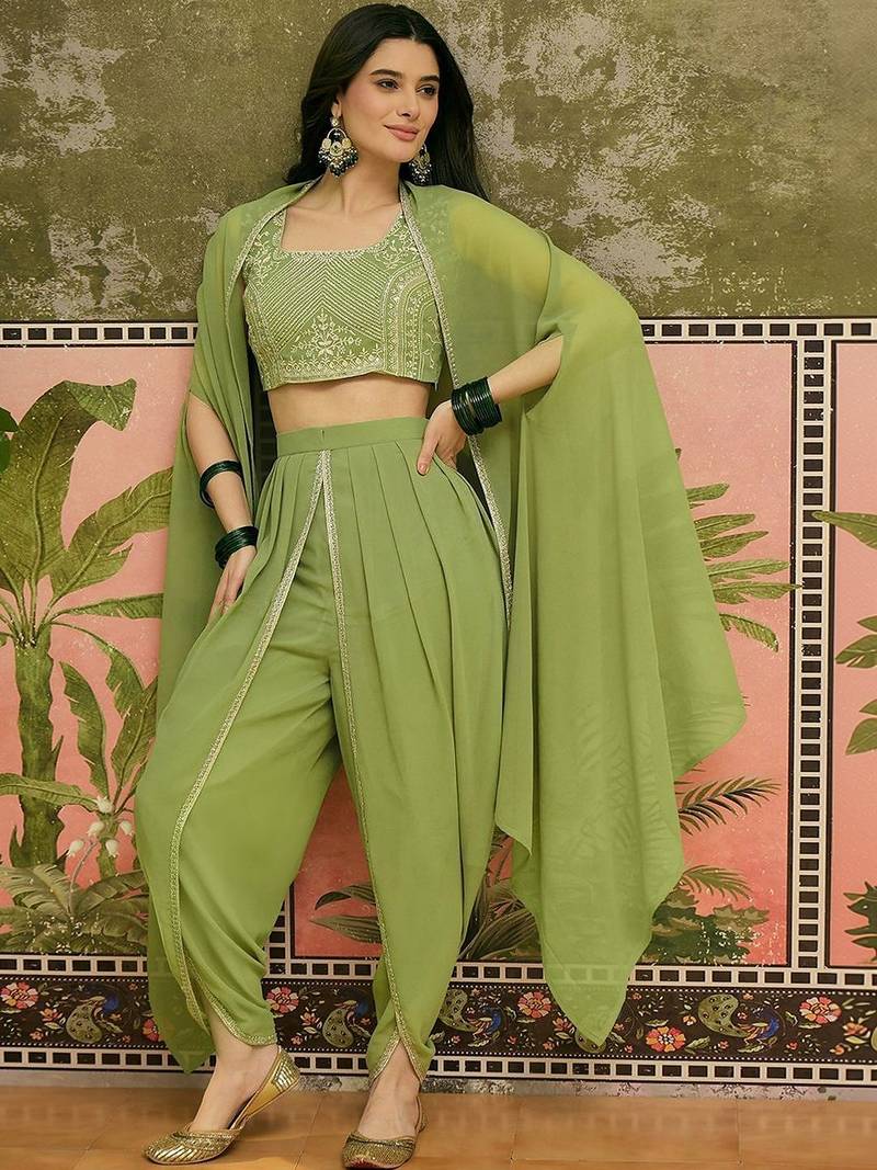 embroidered square neck top shrug & dhoti co-ords