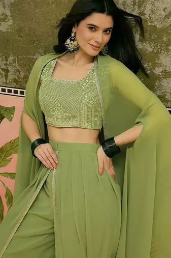 embroidered square neck top shrug & dhoti co-ords