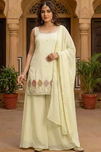 embroidered square neck kurta palazzos & dupatta