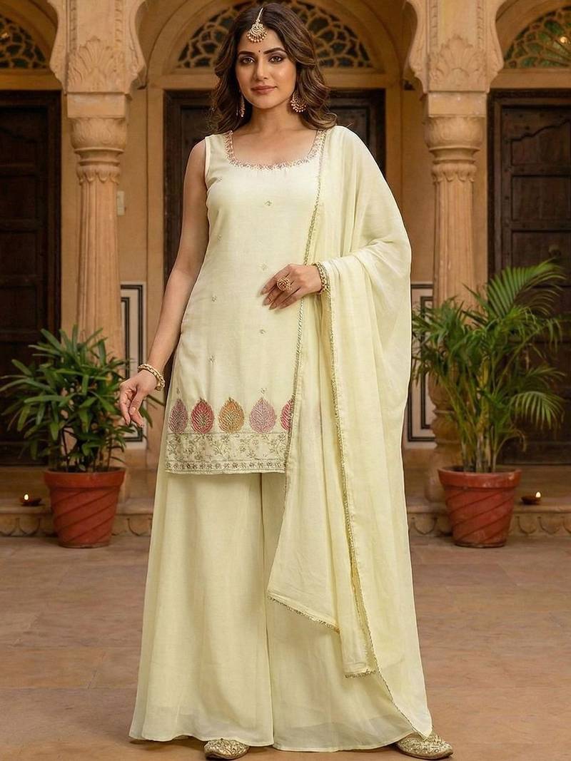 embroidered square neck kurta palazzos & dupatta