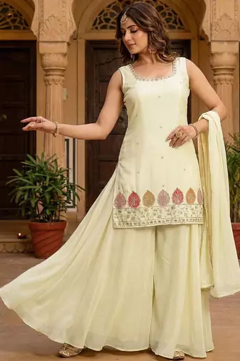 embroidered square neck kurta palazzos & dupatta