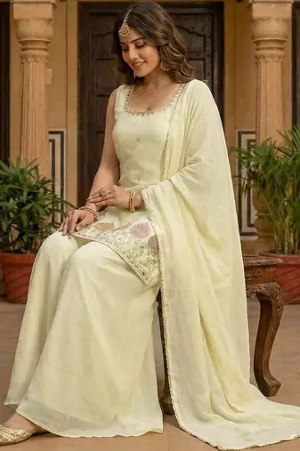 embroidered square neck kurta palazzos & dupatta