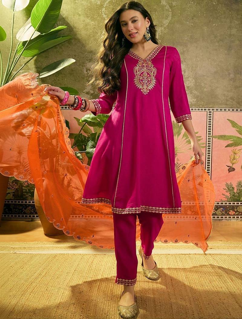 embroidered  v-neck  kurta sets