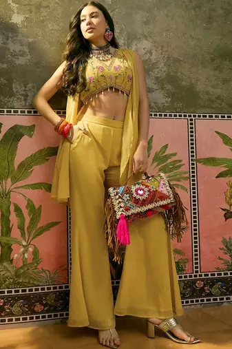 embroidered v-neck top shrug & palazzos co-ords