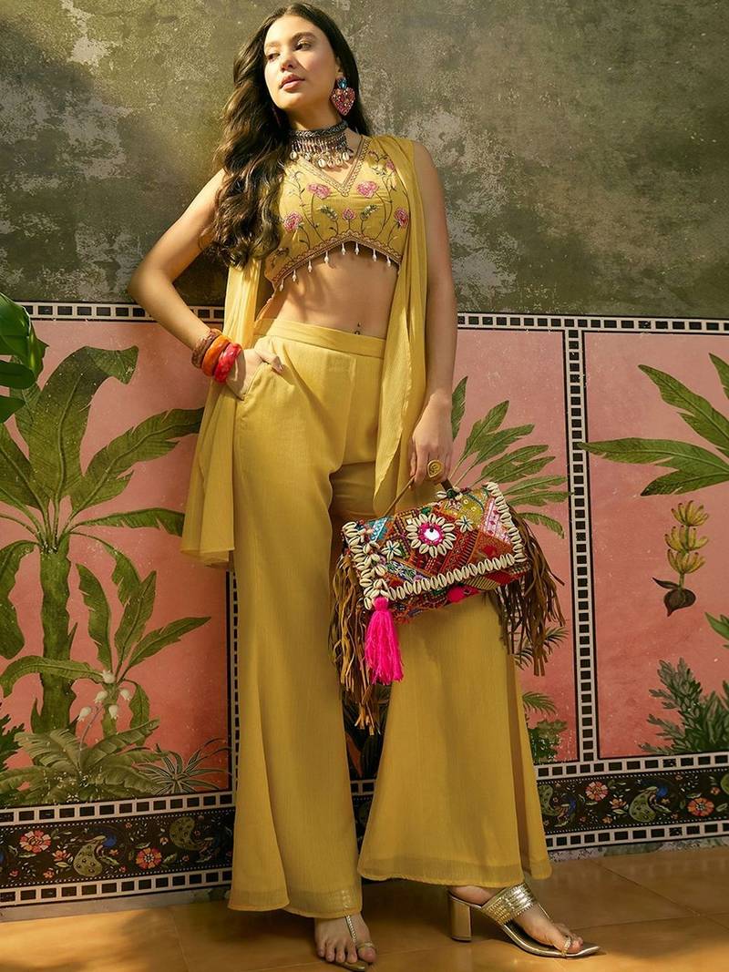 embroidered v-neck top shrug & palazzos co-ords
