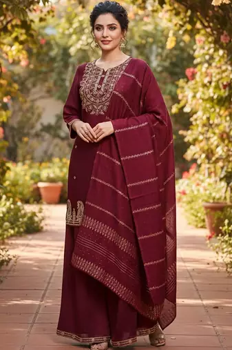 zari cording embroidered kurta with palazzo & dupatta