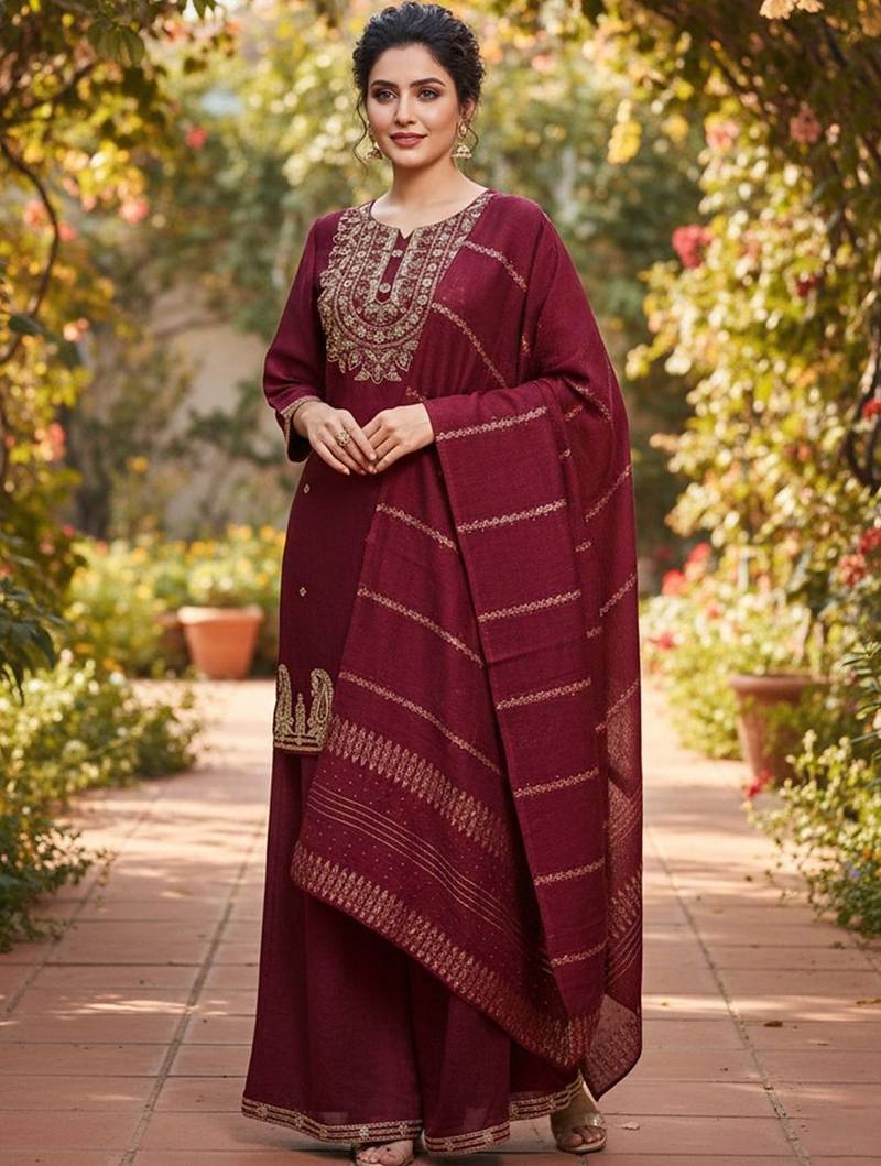 zari cording embroidered kurta with palazzo & dupatta