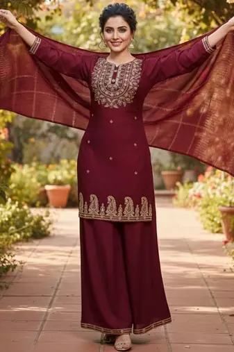 zari cording embroidered kurta with palazzo & dupatta