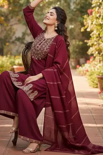 zari cording embroidered kurta with palazzo & dupatta