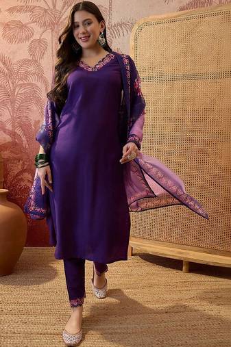 embroidered  v-neck kurta & trousers kurta sets
