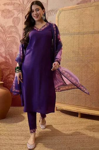 embroidered  v-neck kurta & trousers kurta sets