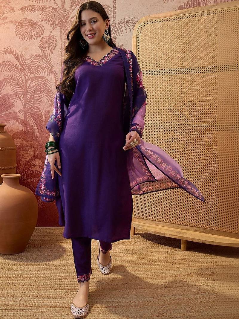 embroidered  v-neck kurta & trousers kurta sets