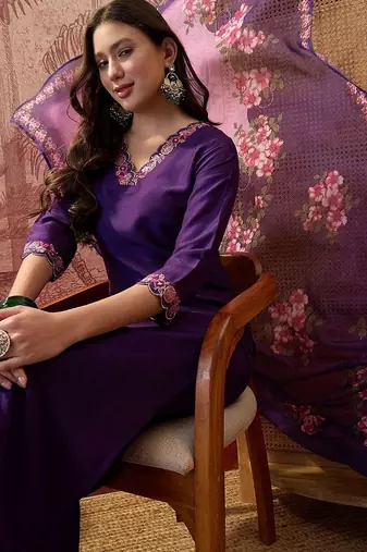 embroidered  v-neck kurta & trousers kurta sets
