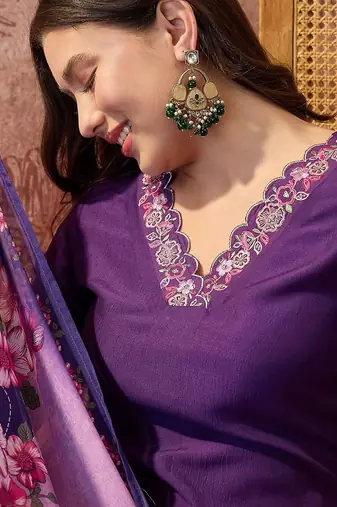 embroidered  v-neck kurta & trousers kurta sets