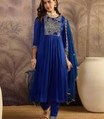 embroidered round neck kurta & trousers with dupatta