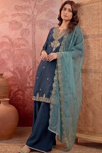 Floral yoke design pleated sequinned a-line kurta with trouser & dupatta
