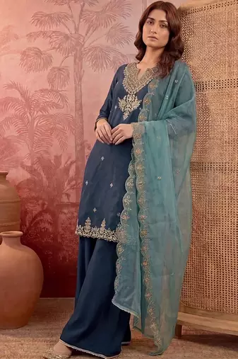 Floral yoke design pleated sequinned a-line kurta with trouser & dupatta