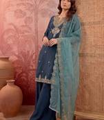 Floral yoke design pleated sequinned a-line kurta with trouser & dupatta