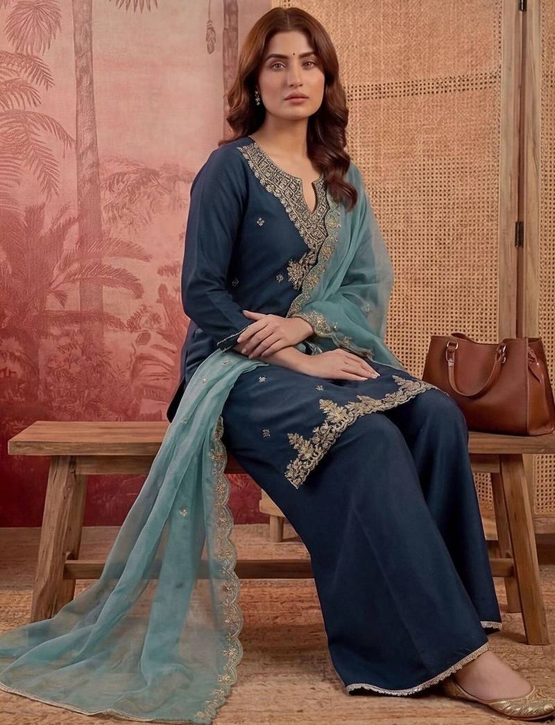 Floral yoke design pleated sequinned a-line kurta with trouser & dupatta