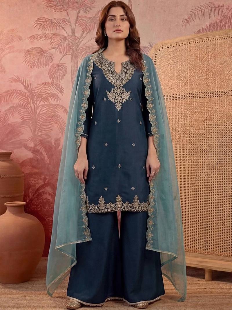 Floral yoke design pleated sequinned a-line kurta with trouser & dupatta