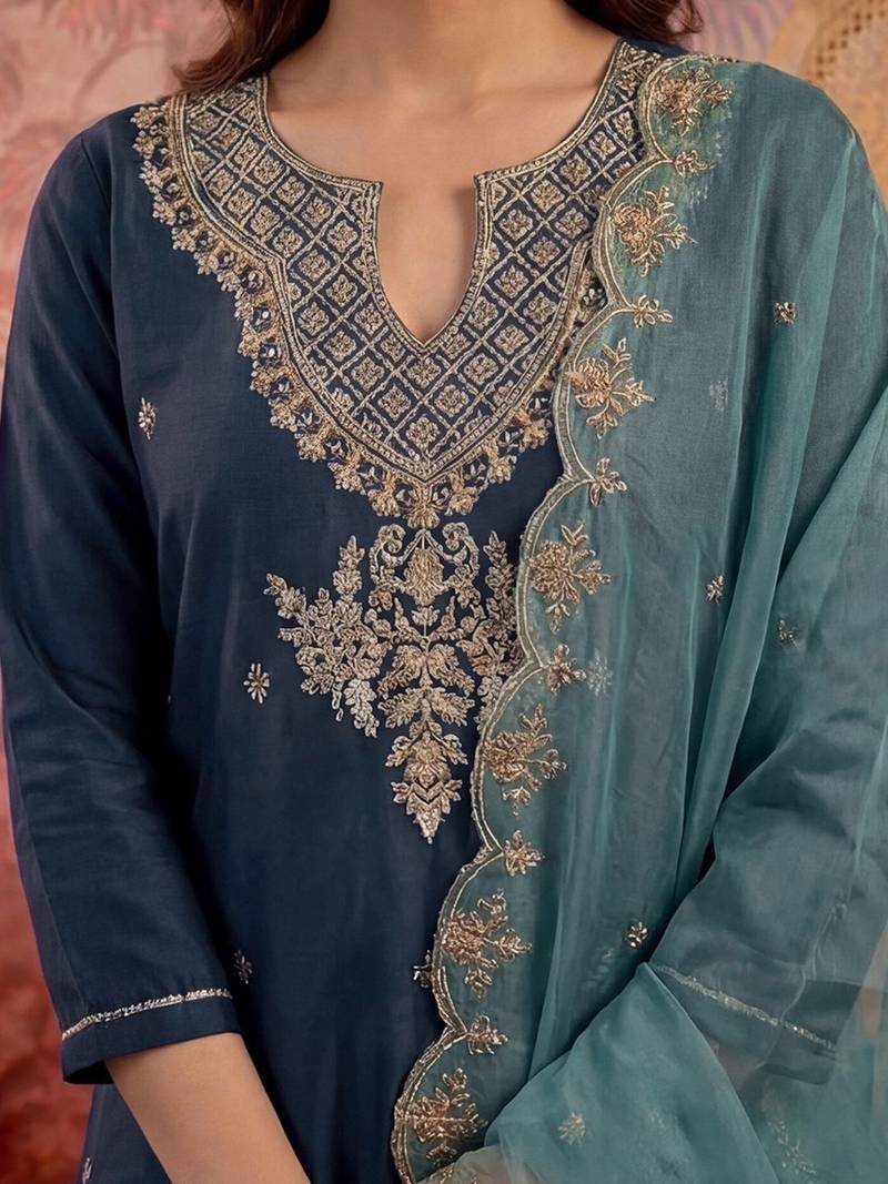 Floral yoke design pleated sequinned a-line kurta with trouser & dupatta