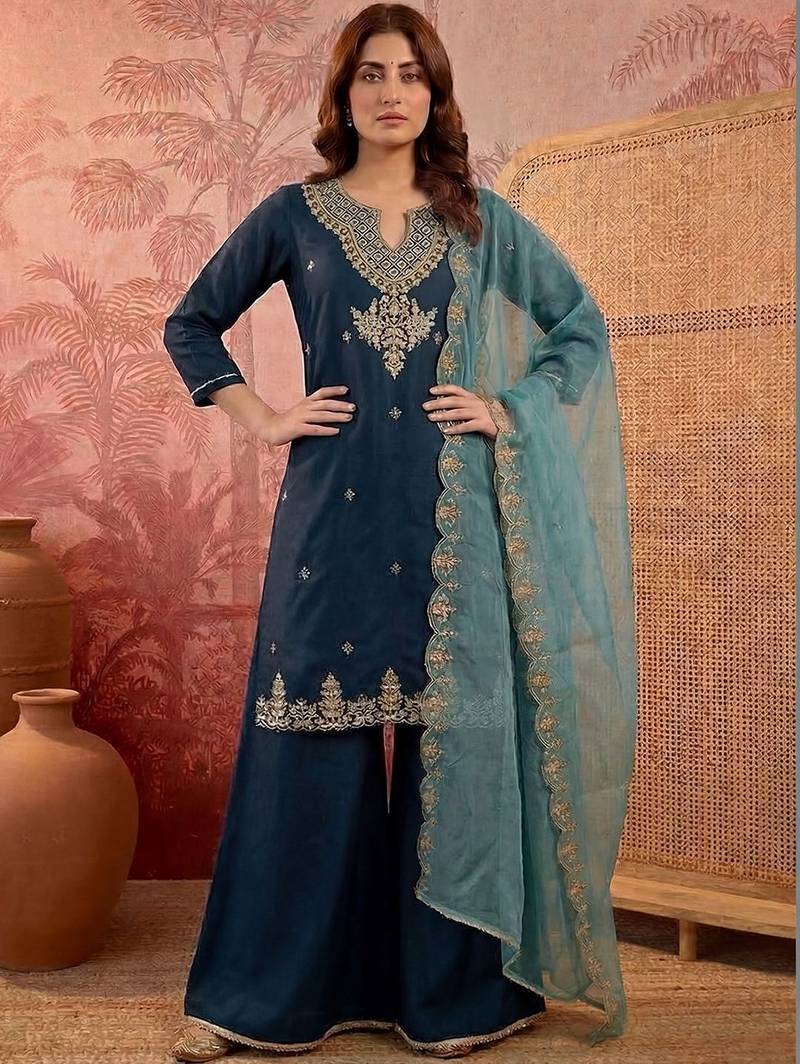 Floral yoke design pleated sequinned a-line kurta with trouser & dupatta