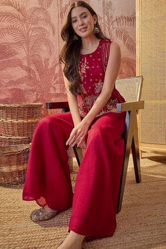 florals embroidered top with palazzos & waistcoat