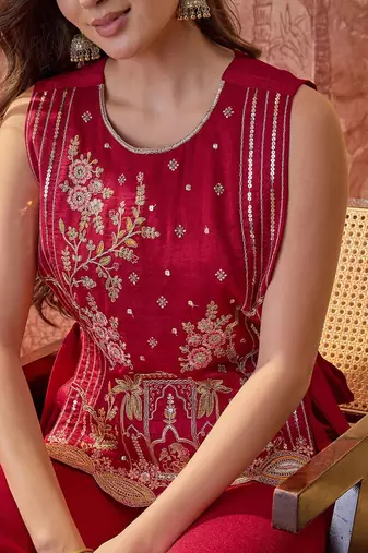 florals embroidered top with palazzos & waistcoat